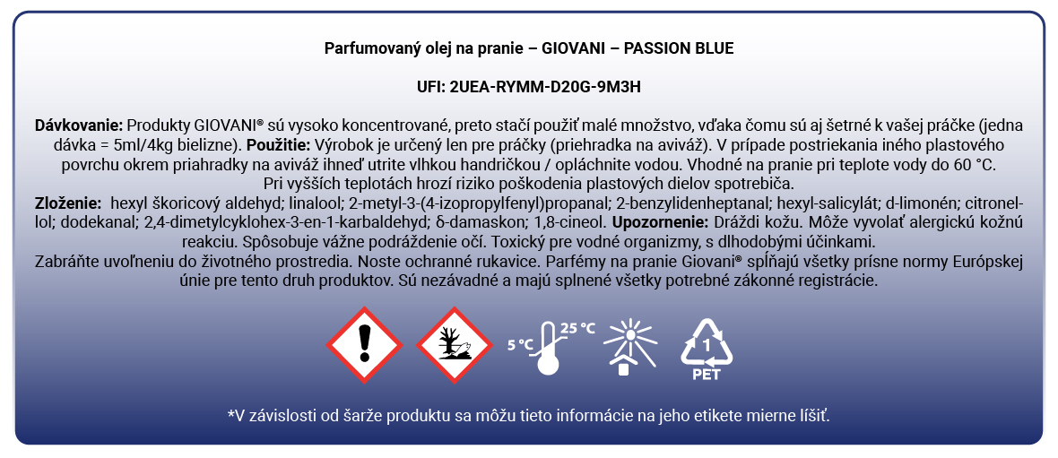Etiketa parfému na pranie Giovani Passion Blue