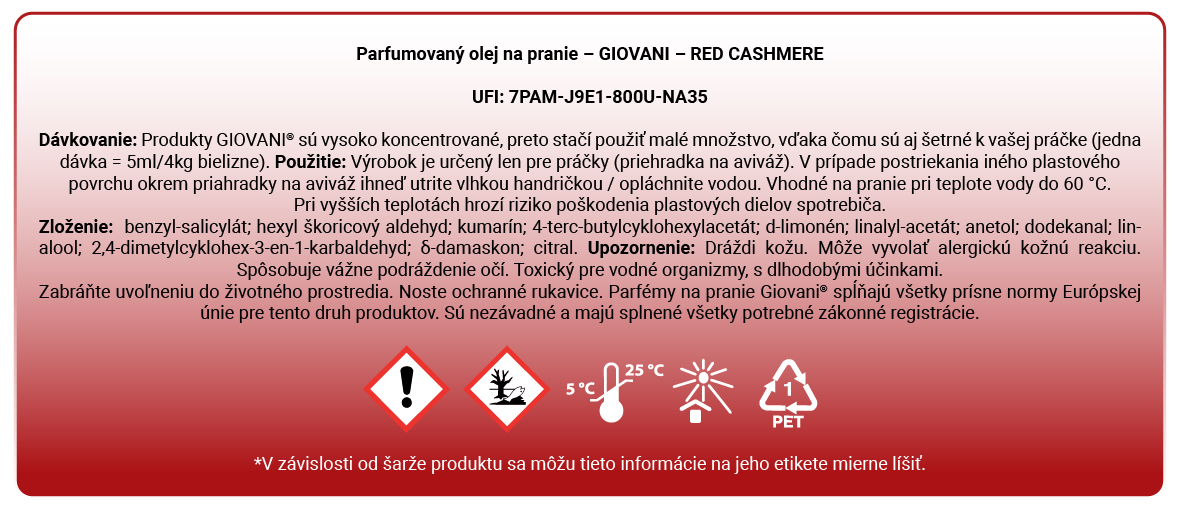 Etiketa parfému na pranie Giovani Red Cashmere