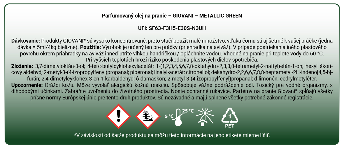 Etiketa parfému na pranie Giovani Metallic Green